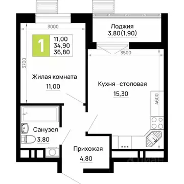 1-к кв. Адыгея, Тахтамукайский район, Яблоновский пгт  (36.8 м)