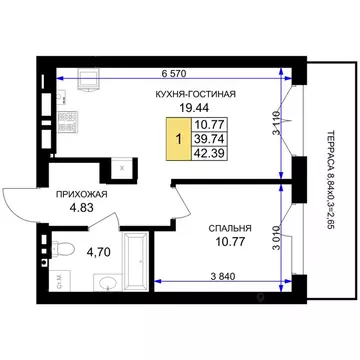 1-к кв. Калининградская область, Гурьевск Включи жилой комплекс (42.39 ...
