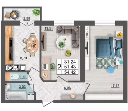 2-к кв. Смоленская область, Смоленск Максимум жилой комплекс (54.42 м)