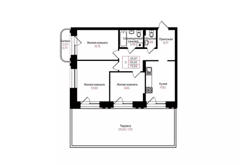 3-к кв. Татарстан, Казань Лето жилой комплекс (65.65 м)