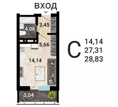 Студия Воронежская область, Воронеж ул. Летчика Демьянова, 1 (29.82 м)