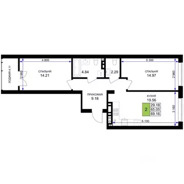 2-к кв. Калининградская область, Гурьевск Включи жилой комплекс (69.16 ...
