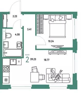 2-к кв. Тюменская область, Тюмень ул. 50 лет Октября, 61к1 (39.23 м)