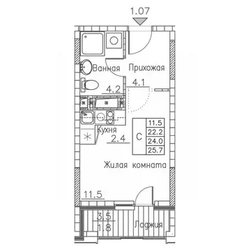 1-к кв. Приморский край, Владивосток ул. Расула Гамзатова, 7к1 (25.7 ...
