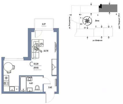 Студия Свердловская область, Екатеринбург ул. Шефская, 28А (32.2 м)