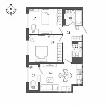 Квартира, 2 комнаты, 57.5 м