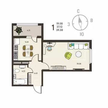 1-к кв. Воронежская область, с. Новая Усмань, Ольха мкр  (39.38 м)