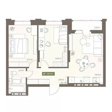 2-к кв. Кемеровская область, Кемерово Московский просп., 23А (56.17 м)