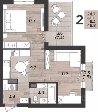 2-к кв. Калининградская область, Калининград ул. Миргородская, 2 (45.2 ...