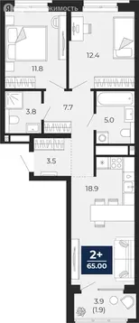 2-комнатная квартира: Тюмень, проезд Капитана Куликова, 5 (67 м)