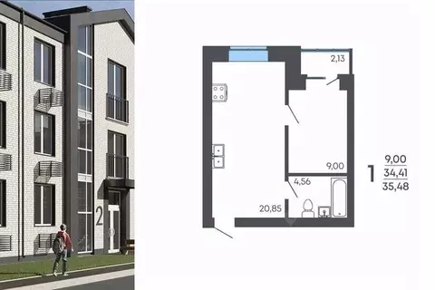 1-к кв. Воронежская область, Семилуки ул. Маяковского, 53/4 (35.48 м)