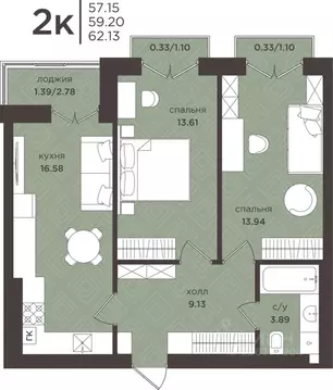 2-к кв. Калининградская область, Гурьевск  (59.2 м)