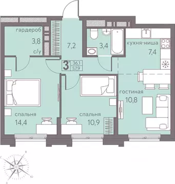 Студия Пермский край, Пермь ул. Серебристая, 5 (57.9 м)
