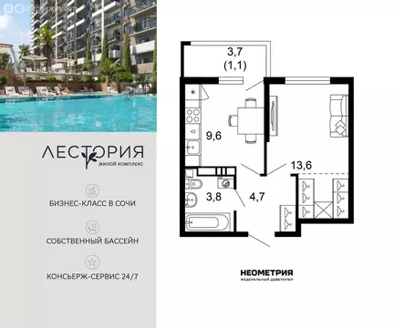 1-комнатная квартира: Сочи, улица Искры, 66/10 (32.8 м)