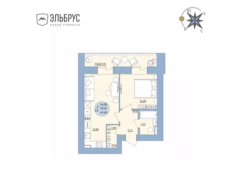 2-к кв. Башкортостан, Уфа Кавказская ул., 24 (42.6 м)