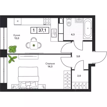 1-к кв. Московская область, Пушкино Пушкино Град жилой комплекс (37.0 ...