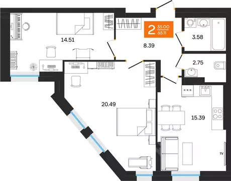 2-к кв. Башкортостан, Уфа ул. Султанова, 28 (65.11 м)