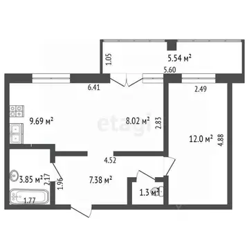 2-к кв. Вологодская область, Череповец Рыбинская ул., 33Б (47.79 м)