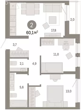 3-комнатная квартира: Тюмень, улица Республики, 205к1 (60.4 м)
