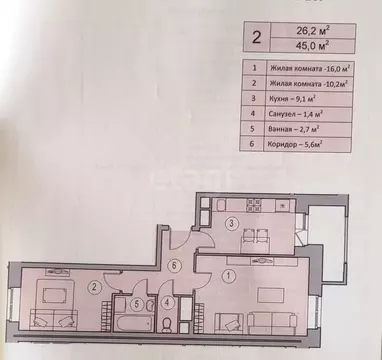 2-к кв. Московская область, Видное ул. Галины Вишневской, 10к1 (45.1 ...