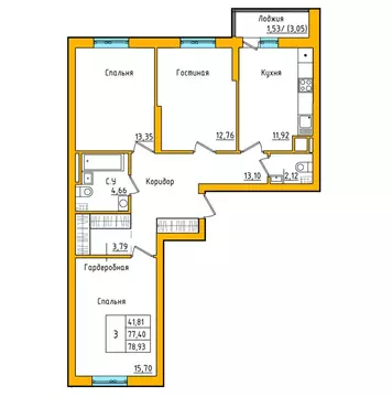 3-комнатная квартира: Уфа, улица Валерия Лесунова, 18 (78.77 м)