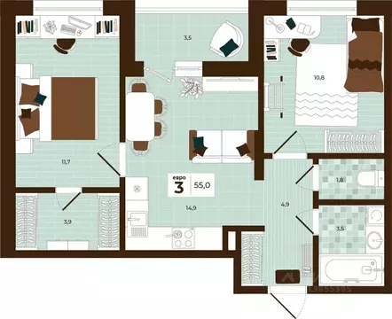 3-к кв. Тульская область, Тула ул. Академика Насоновой, 3 (55.0 м)