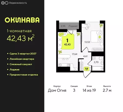 1-комнатная квартира: Тюмень, жилой комплекс Окинава (42.43 м)