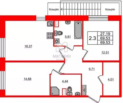 2-комнатная квартира: Санкт-Петербург, Парашютная улица, 71к2 (69.5 м)