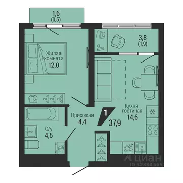 1-к кв. Свердловская область, Екатеринбург Вторчермет жилрайон,  (37.9 ...