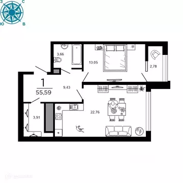 1-к кв. Рязанская область, Рязань ул. 1-я Железнодорожная (55.59 м)