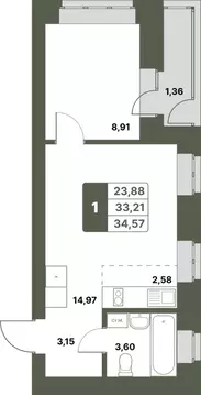 1-к кв. Башкортостан, Уфимский район, с. Миловка  (34.57 м)