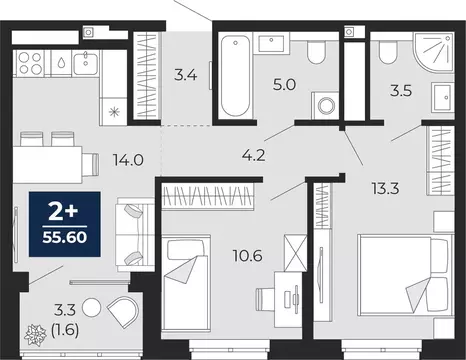 2-комнатная квартира: Тюмень, проезд Капитана Куликова, 5 (57.3 м)