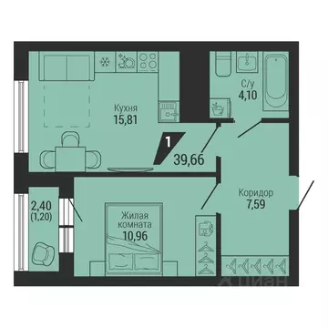 1-к кв. Свердловская область, Екатеринбург пер. Ученический, 4 (40.27 ...