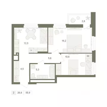 2-к кв. Башкортостан, Уфа Родина Парк жилой комплекс (55.9 м)