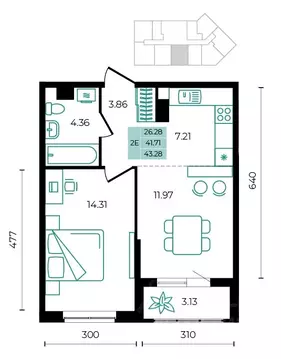 2-к кв. Адыгея, Майкопский район, пос. Тульский  (43.28 м)
