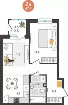 2-к кв. Пермский край, Пермь ул. Куфонина, 1 (47.4 м)