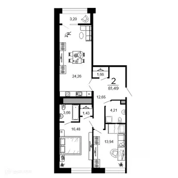2-к кв. Рязанская область, Рязань ул. 1-я Железнодорожная (81.49 м)