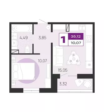 1-к кв. Брянская область, Брянск Медовый кв-л, поз7 (35.12 м)