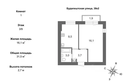 1-к кв. Санкт-Петербург Будапештская ул., 38К2 (31.5 м)