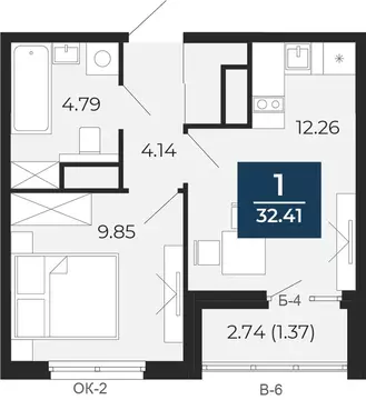 1-комнатная квартира: Тюмень, улица Фармана Салманова, 23 (32.41 м)