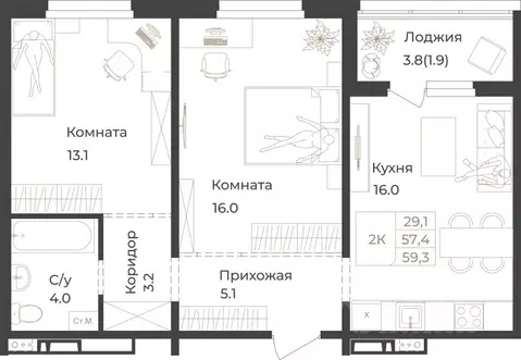 2-к кв. Алтай, Горно-Алтайск Дом 1824 жилой комплекс (59.3 м)