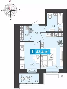 1-комнатная квартира: Засечное, Прибрежный бульвар, 5 (43.4 м)