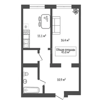 1-комнатная квартира: Новосибирск, улица Крылова, 48 (45 м)
