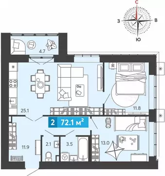 2-комнатная квартира: Засечное, Прибрежный бульвар, 5 (72.1 м)