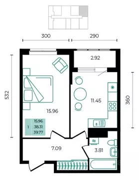 1-к кв. Адыгея, Майкопский район, пос. Тульский  (39.77 м)