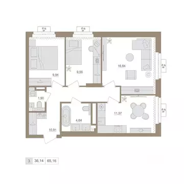 3-к кв. Башкортостан, Уфа бул. Яркий (65.16 м)