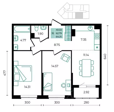 3-к кв. Адыгея, Майкопский район, пос. Тульский  (64.25 м)