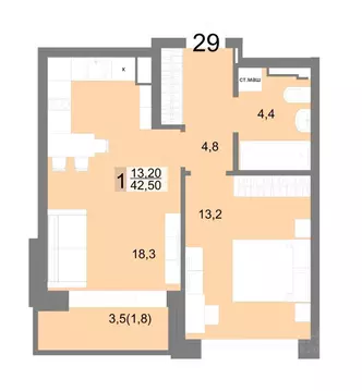 1-к кв. Свердловская область, Екатеринбург ул. Семена Лагоды, 80 (42.5 ...
