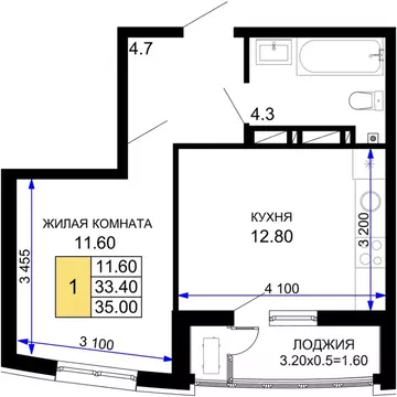 1-к кв. Краснодарский край, Краснодар Фонтаны жилой комплекс (35.0 м)