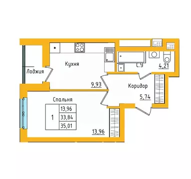 1-к кв. Башкортостан, Уфа ул. Валерия Лесунова, 18 (35.01 м)